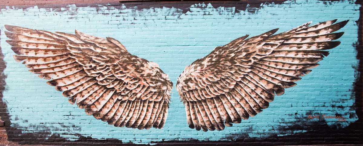 Red-tail hawk wings painted over a brick wall backdrop. Photo Credit: Bob Loewen